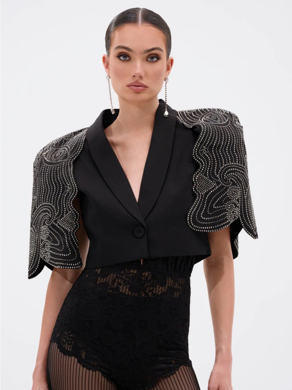 AKIRA Black Cropped Blazer with Embellished Cape Shoulders
